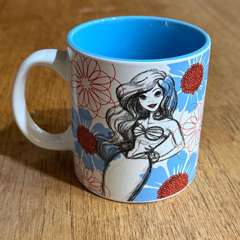 Disney Little Mermaid Ariel 20 oz Coffee‎ Mug Ceramic Cup Drawn Sketch Floral